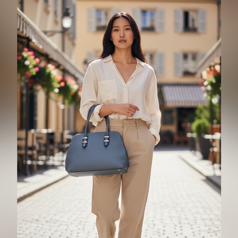 Blue Sturdy Tote With Silver Accent Hardware